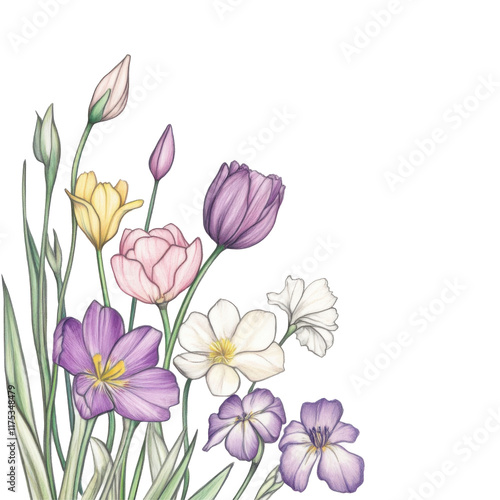 Wallpaper Mural Colorful spring flowers pencil drawing on transparent background Torontodigital.ca