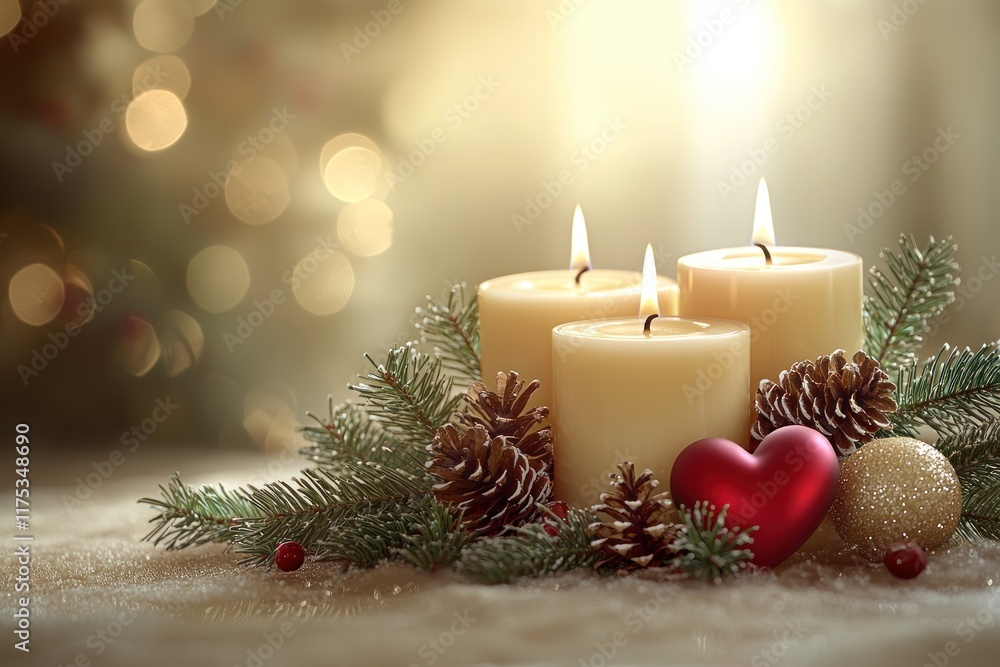 A festive arrangement of candles, pinecones, and ornaments for a cozy holiday atmosphere. A festive arrangement of candles, pinecones, and ornaments for a cozy holiday atmosphere.