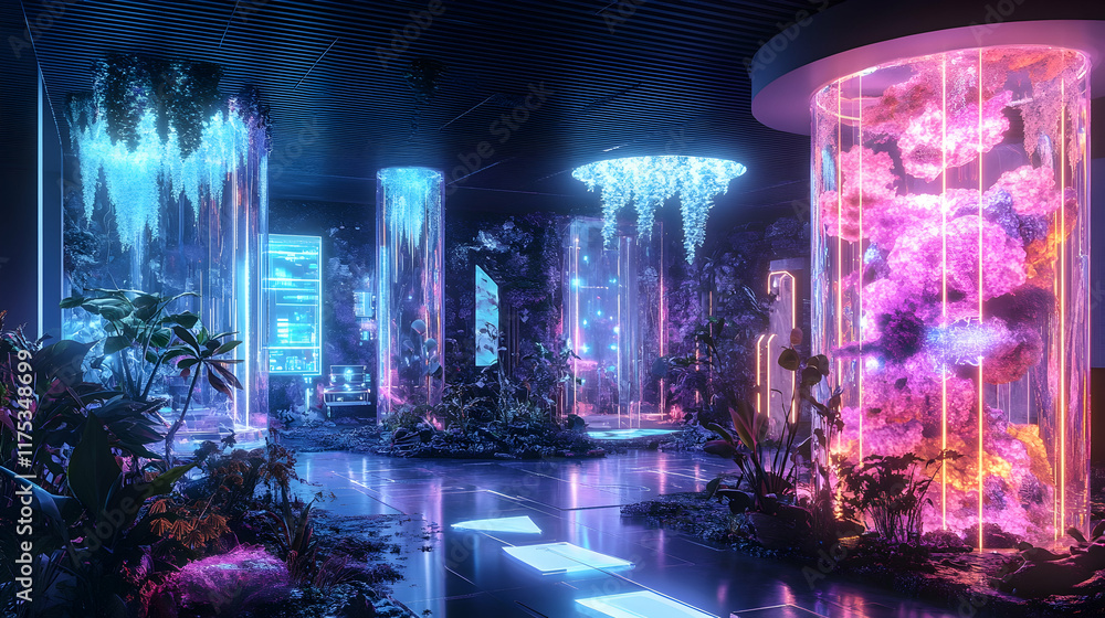 Obraz premium A glowing futuristic lab with walls made of living crystals, robots creating modular tech gadgets and holographic plants growing in mid-air