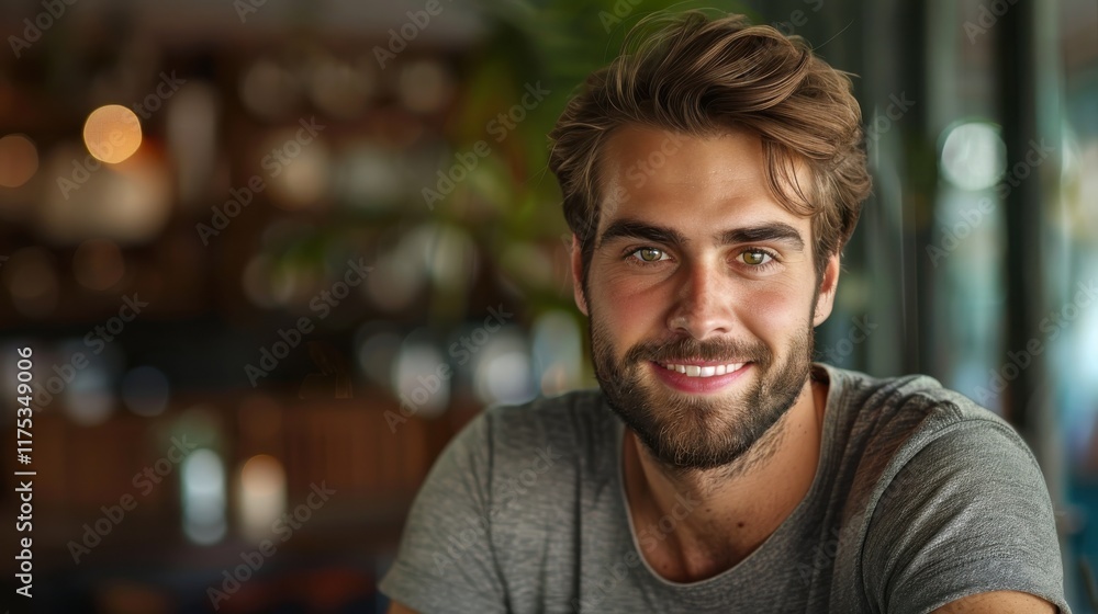 Close-Up Portrait of a Smiling Young Man with a Beard in a Cozy Café Setting, Capturing Warmth and Charisma with Soft Natural Lighting Close-Up Portrait of a Smiling Young Man with a Beard in a Cozy Café Setting, Capturing Warmth and Charisma with Soft Natural Lighting