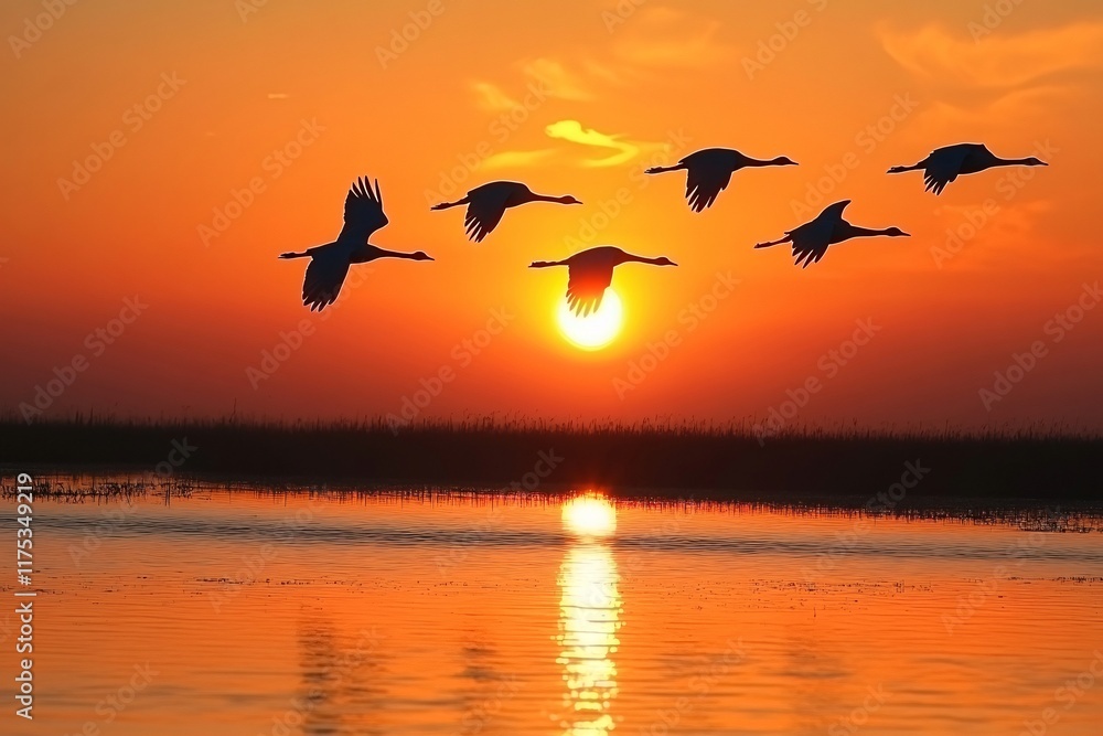 A flock of migratory birds flying over a wetland during sunset, with silhouettes against an orange sky, realistic