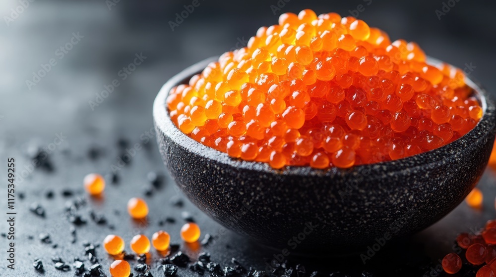 A vibrant composition of fresh salmon roe arranged in a bowl, with a dark background enhancing their vivid orange color. A vibrant composition of fresh salmon roe arranged in a bowl, with a dark background enhancing their vivid orange color.