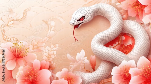 2025 Chinese new year, year of the snake banner template design with white snakes and beautiful flowers background. Chinese translation photo