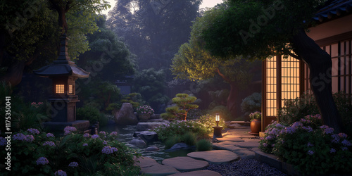 A tranquil Japanese garden illuminated by lanterns at night, featuring lush greenery, a peaceful pond, and a traditional architectural structure amidst rich foliage.