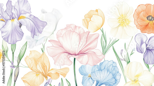 Wallpaper Mural Colorful spring flowers pencil drawing on transparent background Torontodigital.ca
