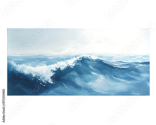 Ocean Wave Painting in Calming Blue Tones on Canvas On Transparent Background