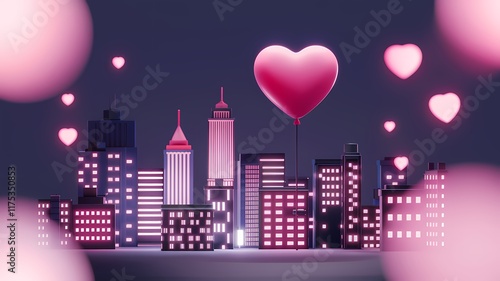 A 3D render of a minimalist Valentine's Day night scene with a heart-shaped balloon. There is a city skyline with tall buildings in the background. The buildings are illuminated with pink, red lights