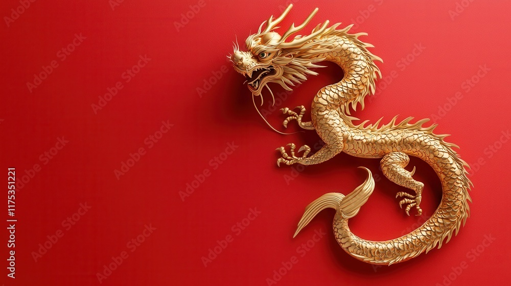Obraz premium Golden Chinese dragon illustration over a red textured background, [Chinese New Year], [symbolic, luxury, intricate design].