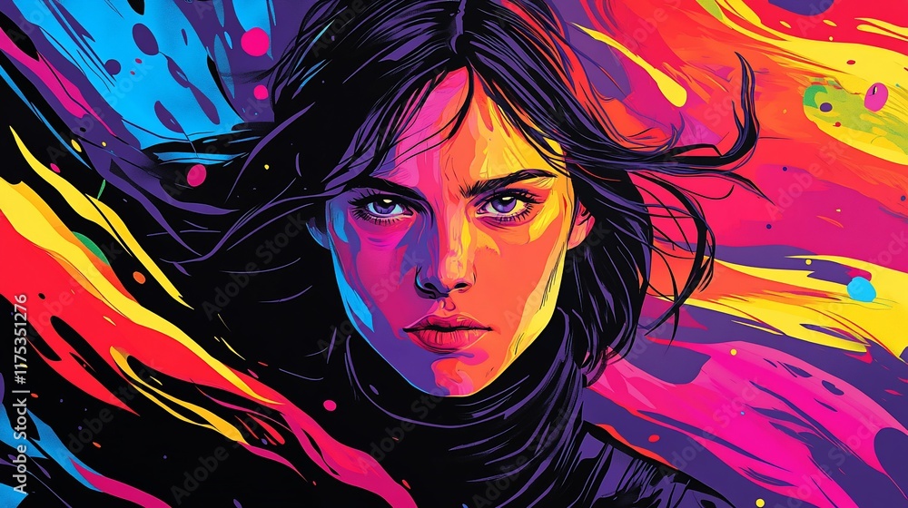 Naklejka premium Vibrant Woman Portrait: A Colorful Expression of Female Strength and Beauty
