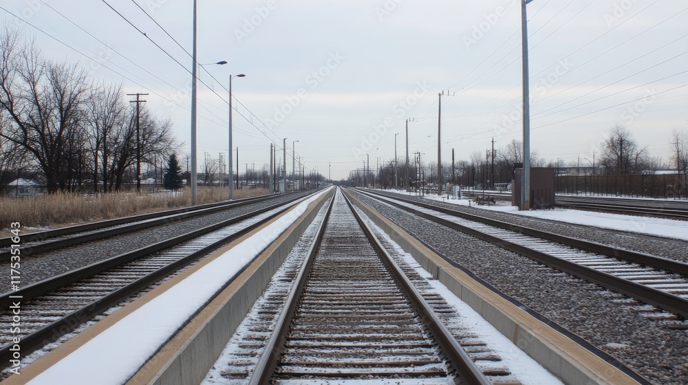 Snow-covered train tracks receding to the horizon on a cold, overcast day. Snow-covered train tracks receding to the horizon on a cold, overcast day.