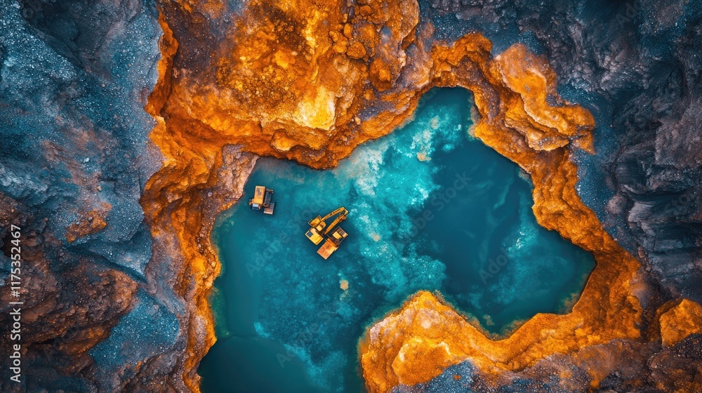 Naklejka premium Aerial view of mining excavation with vibrant mineral colors
