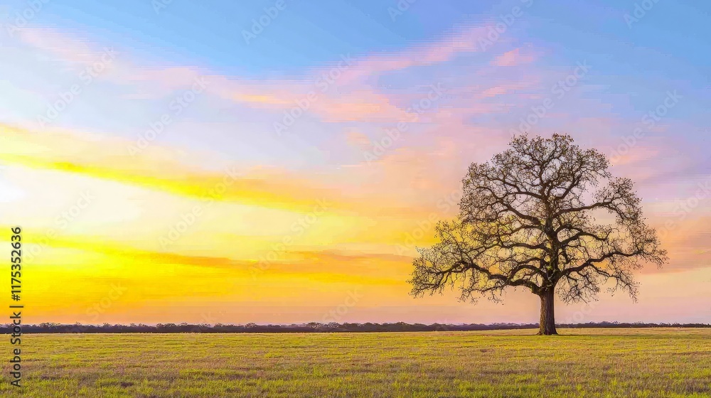 Fototapeta premium Sunset over field, lone tree silhouette. Peaceful landscape for nature, travel posters.