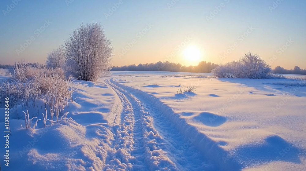 A frosty railway track leading through a snow-covered countryside. Background, winter mood, A frosty railway track leading through a snow-covered countryside. Background, winter mood,