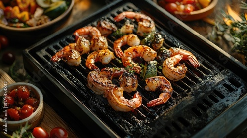 A BBQ grill close-up with sizzling shrimp and veggies, surrounded by a rustic outdoor table filled with side dishes for summer. photo