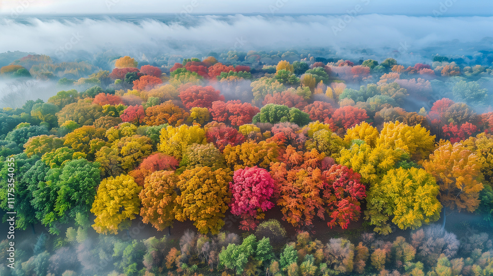 Vibrant Autumn Forest Shrouded in Gentle Morning Mist.. Vibrant Autumn Forest Shrouded in Gentle Morning Mist..