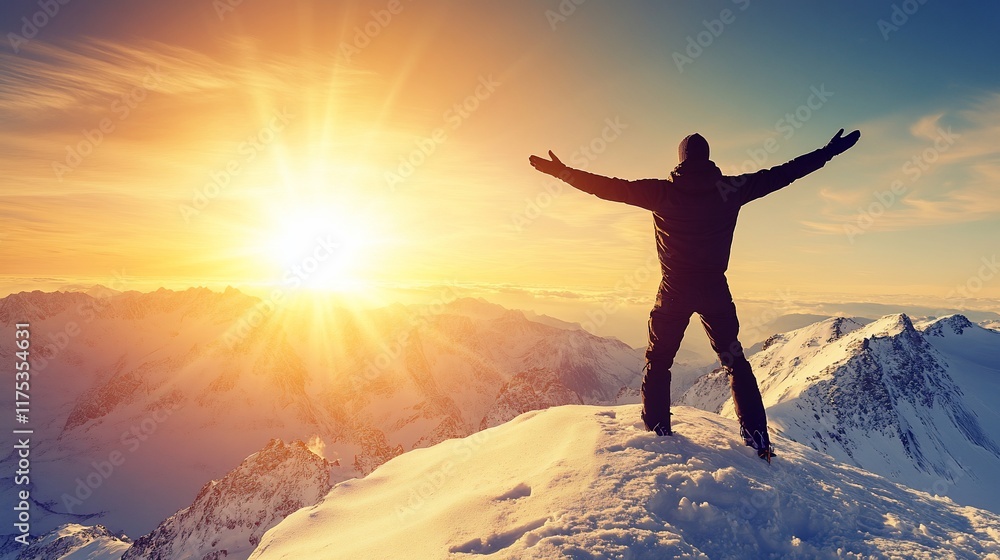 Fototapeta premium Triumphant Climber at Sunset: A Majestic Mountaintop Panorama