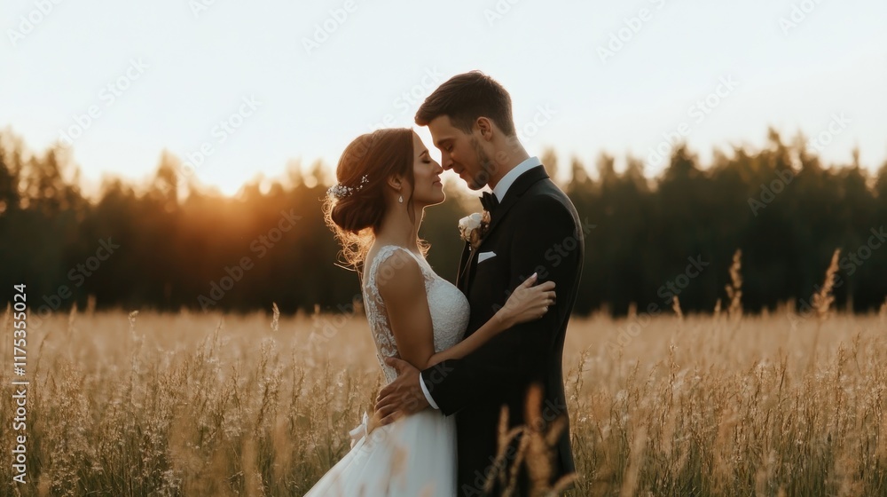 Romantic couple embracing in golden sunset field. Romantic couple embracing in golden sunset field.