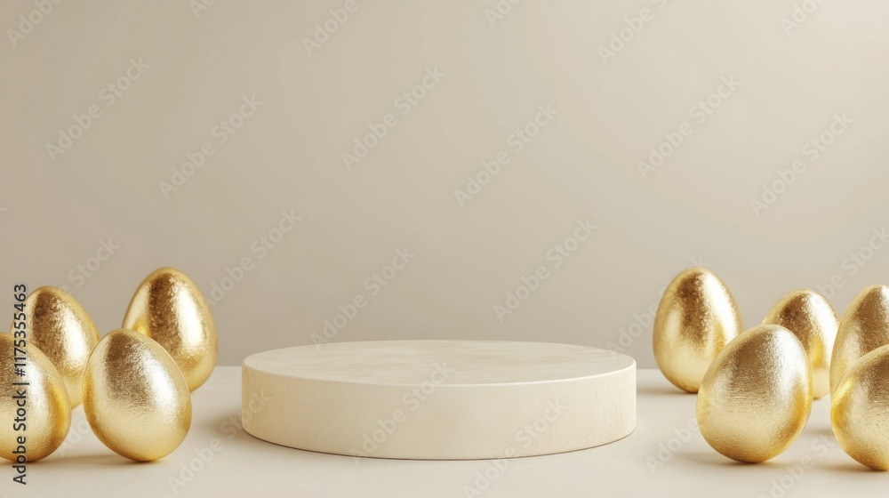 Fototapeta premium Easter banner for product demonstration. Round pedestal or podium with gold Easter eggs on cream background. 3D render