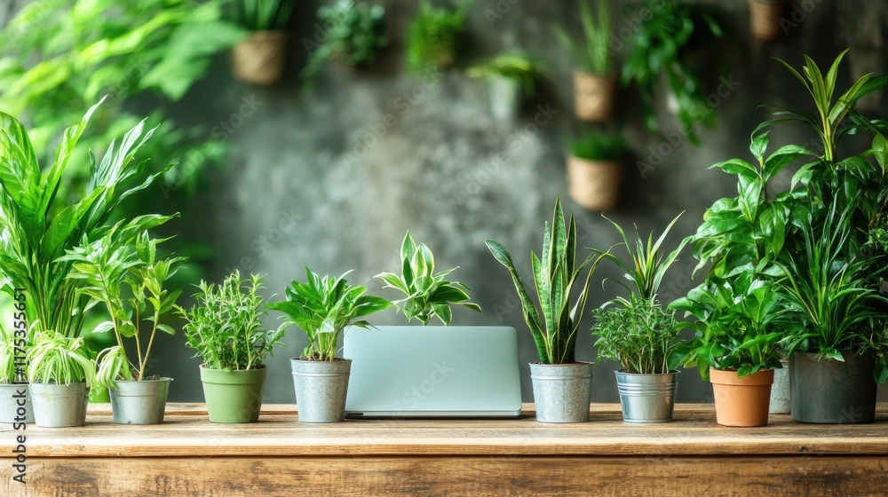 A laptop sits on a wooden table surrounded by lush green plants in pots. This image evokes a sense of calm productivity and connection with nature ideal for websites or apps promoting work-life balanc A laptop sits on a wooden table surrounded by lush green plants in pots. This image evokes a sense of calm productivity and connection with nature ideal for websites or apps promoting work-life balanc