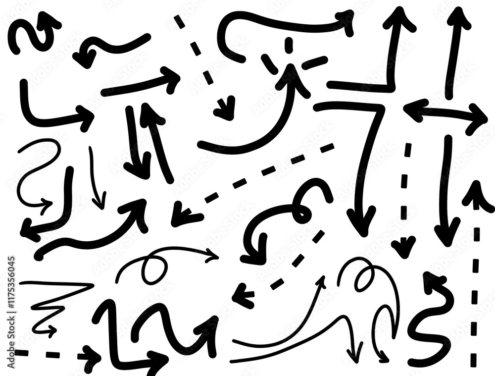 Collection of hand-drawn arrow icon set illustrative doodle design on white background. Collection of hand-drawn arrow icon set illustrative doodle design on white background.