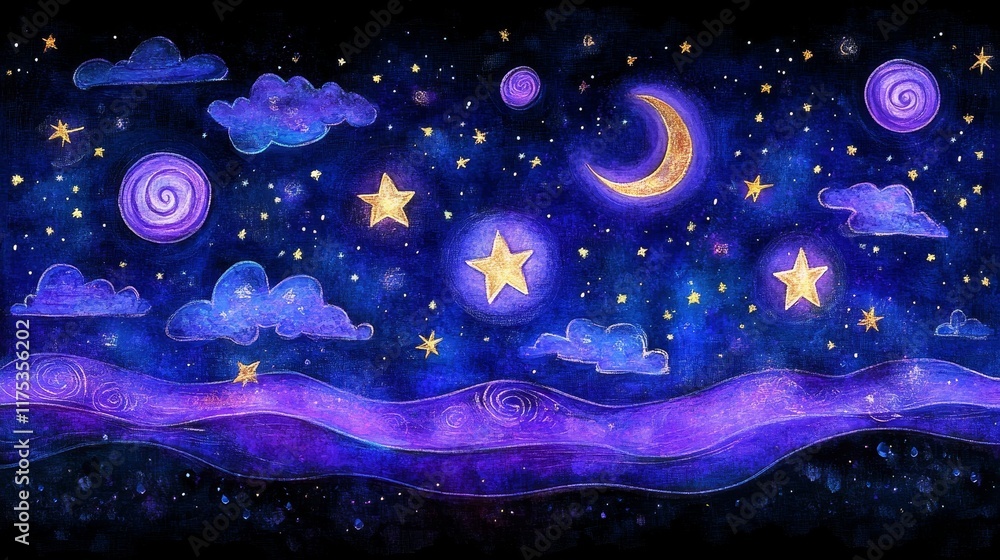 Fototapeta premium Whimsical Night Sky with Cartoon Celestial Bodies and Clouds