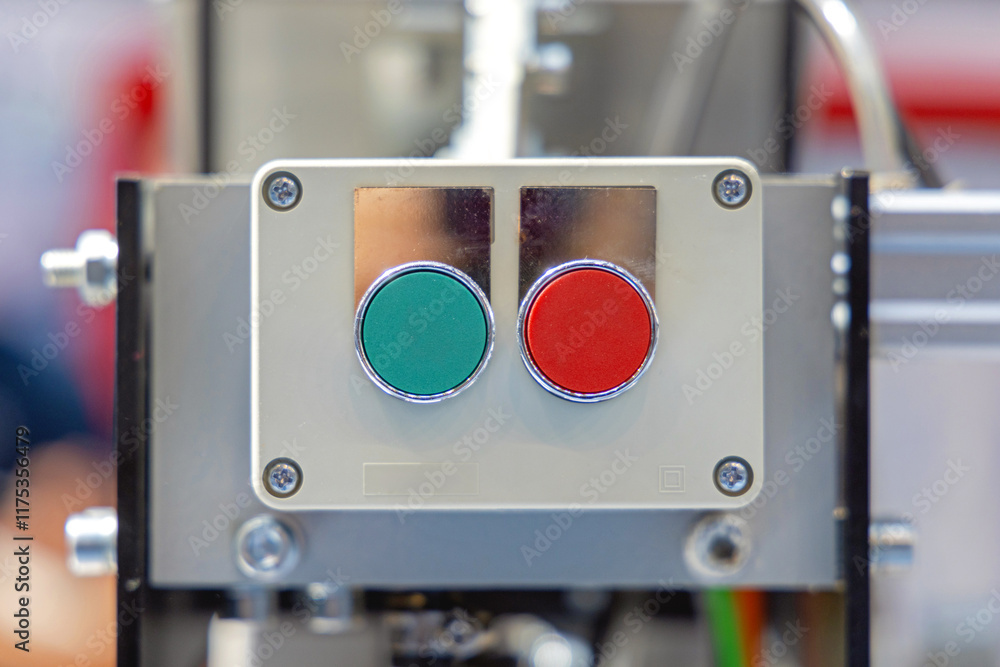 Green and Red Push Buttons On Off Control Box at Industrial Machine