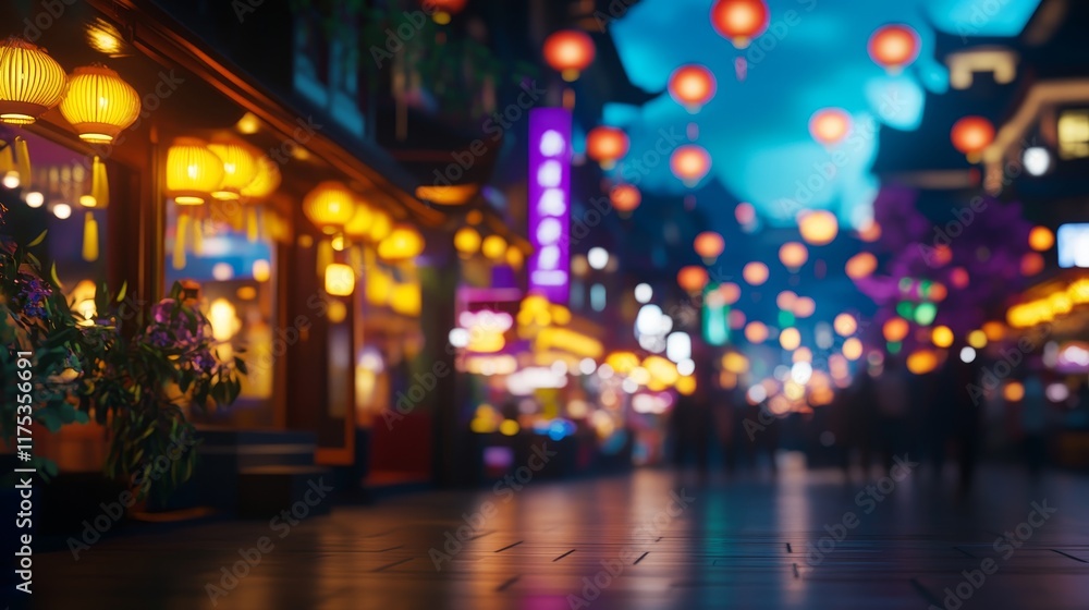 A vibrant street scene adorned with lanterns, evoking a festive atmosphere. A vibrant street scene adorned with lanterns, evoking a festive atmosphere.