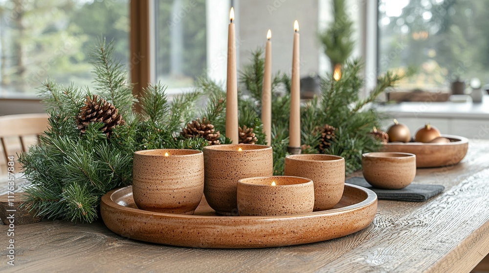 Fototapeta premium Lit candles and greenery centerpiece on dining table in a cozy home.
