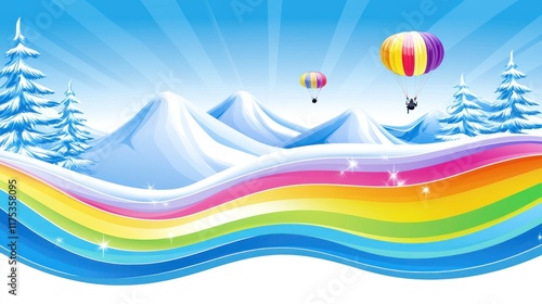 Rainbow Landscape with Paragliders Soaring Over Snowy Mountains