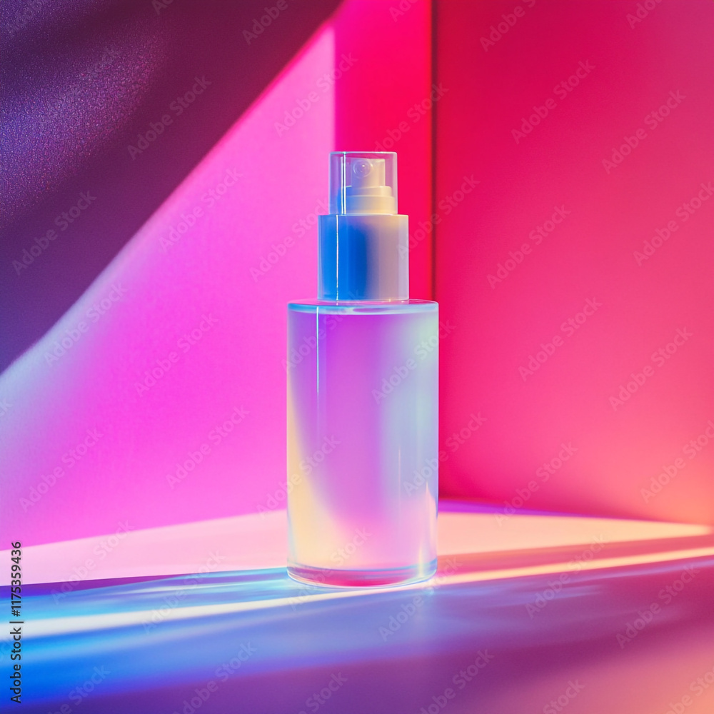 A pastel-colored pump bottle is placed on a pastel color geometric pedestal against a vibrant background.
A pastel-colored pump bottle is placed on a pastel color geometric pedestal against a vibrant background.