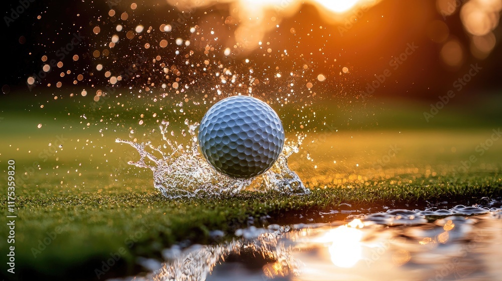 Golf Ball Splashing into Water at Sunset: A Stunning Image of a Golf Ball Landing in a Puddle on a Lush Green Golf Course During a Golden Hour Sunset Golf Ball Splashing into Water at Sunset: A Stunning Image of a Golf Ball Landing in a Puddle on a Lush Green Golf Course During a Golden Hour Sunset