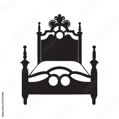 Elegant Black and White Ornate Bed Illustration. Bed Furniture icon vector. Bed Furniture silhouette isolated white background. Vector Illustration.