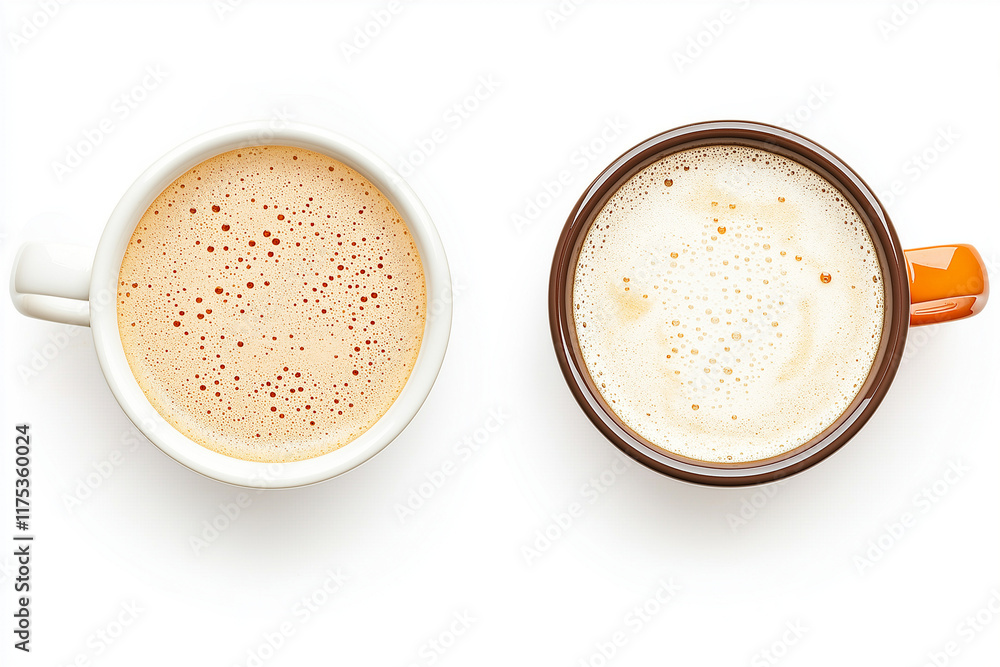 Top-down view of coffee and tea cups with frothy surfaces, neatly arranged on a pure white background, isolated, clipping path included, ultra-clear and full focus Top-down view of coffee and tea cups with frothy surfaces, neatly arranged on a pure white background, isolated, clipping path included, ultra-clear and full focus