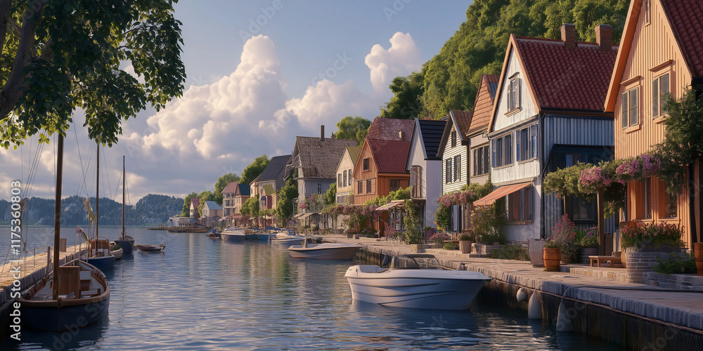 Obraz premium A scenic waterfront village with colorful houses lined along the shore, boats docked peacefully and a soft, serene sky setting a picturesque coastal scene.