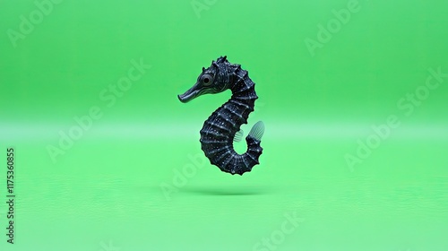 A dark seahorse with light speckles floats against a vibrant green backdrop. Ideal for marine life educational materials or creative designs involving underwater themes. photo