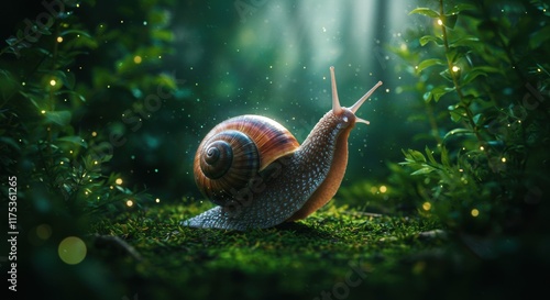 A digitally rendered image of a snail in a vibrant enchanted forest. photo