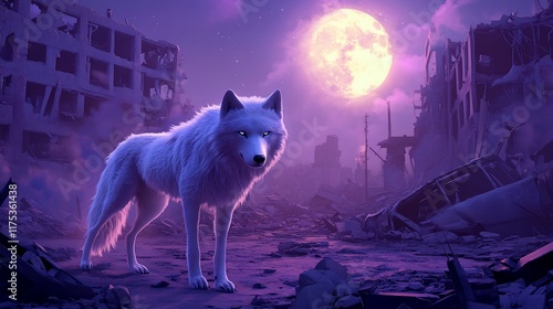 Lone Wolf in a Post-Apocalyptic Cityscape Under a Full Moon photo