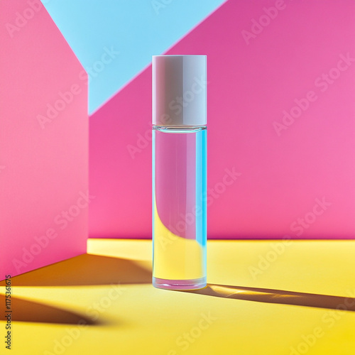 A pastel-colored pump bottle is placed on a pastel color geometric pedestal against a vibrant background.
