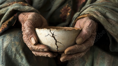 A pair of weathered hands holds a cracked bowl, symbolizing fragility, age, and the passage of time.
