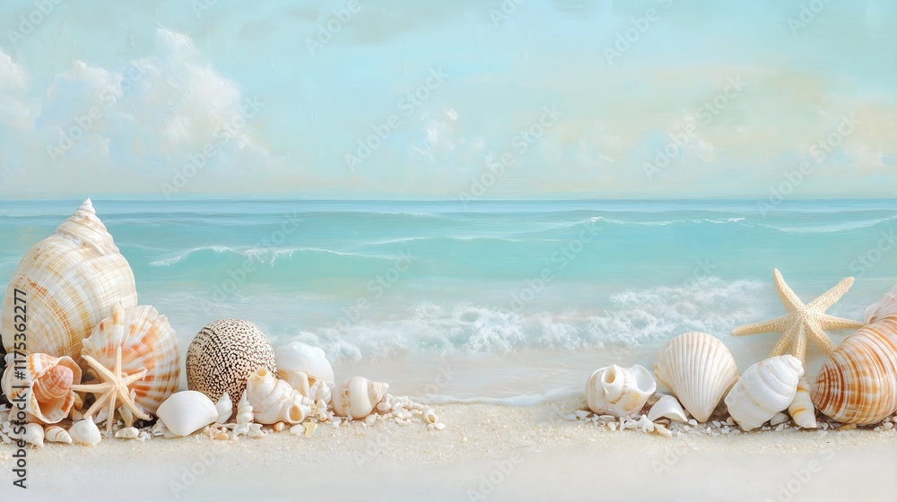 Seashells on beach with waves, horizontal, perfect for summer travel, beach resorts, spa centers and coastal lifestyle content. Ideal for vacation promotions and wellness retreats. Seashells on beach with waves, horizontal, perfect for summer travel, beach resorts, spa centers and coastal lifestyle content. Ideal for vacation promotions and wellness retreats.