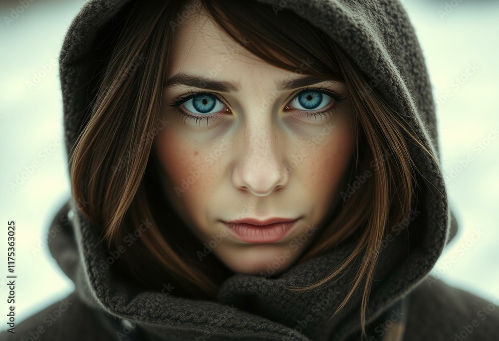 Female portrait in winter landscape with melancholic expression Female portrait in winter landscape with melancholic expression