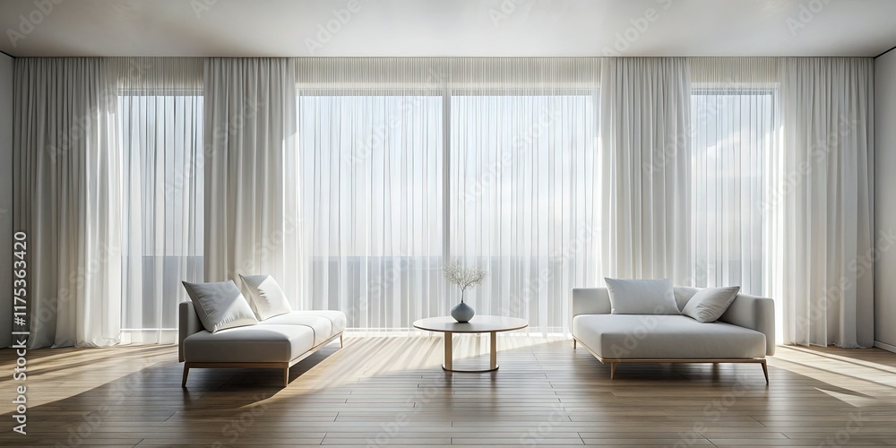 Fototapeta premium Modern Minimalist Interior: Long Exposure White Curtains Mockup - Stock Photo