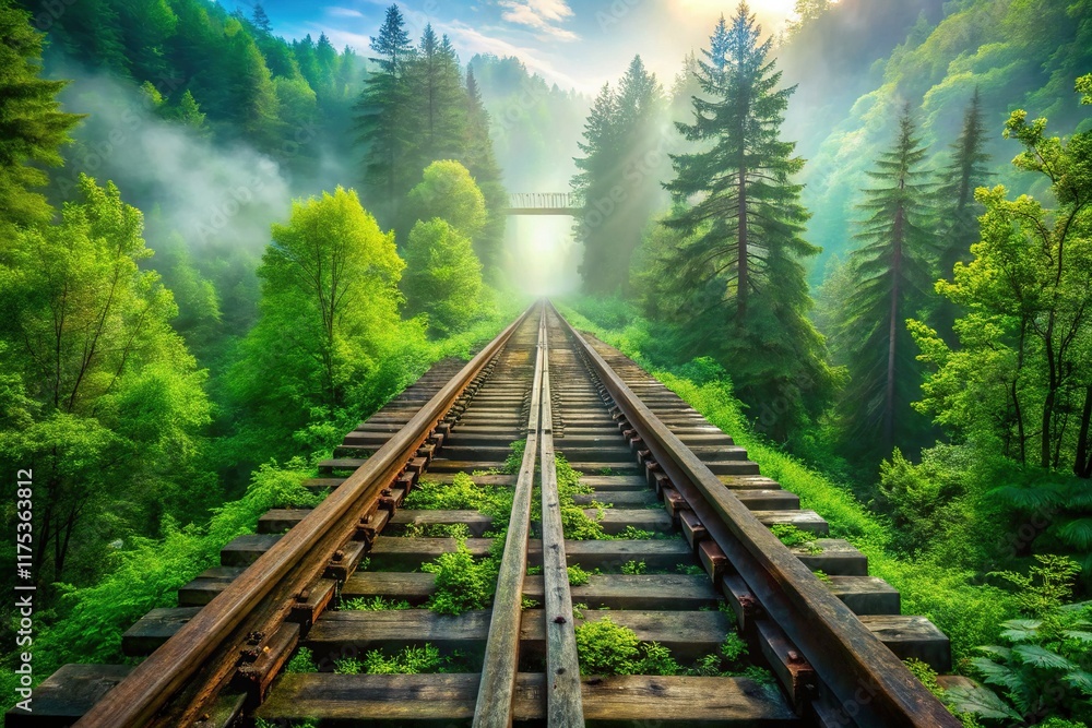Mystical Forest: Double Exposure of Old Railroad Trestle and Lush Greenery Mystical Forest: Double Exposure of Old Railroad Trestle and Lush Greenery