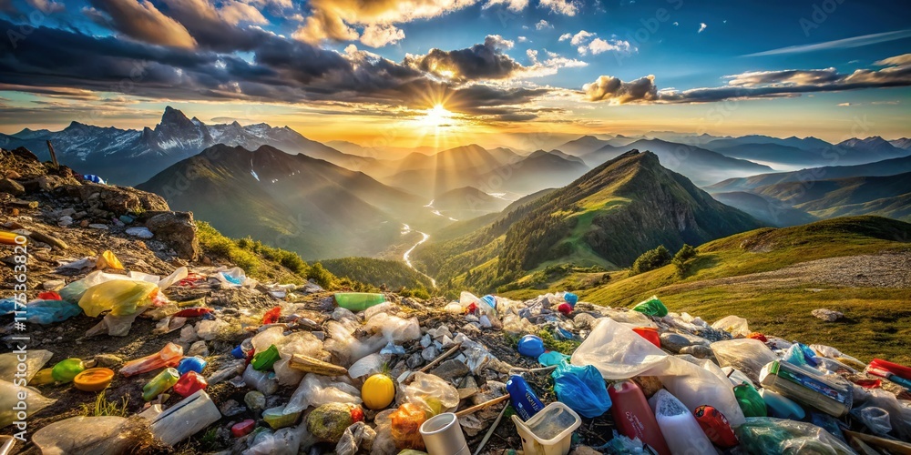 Fototapeta premium Mountains Suffocated: Plastic Waste Threatens Alpine Ecosystem