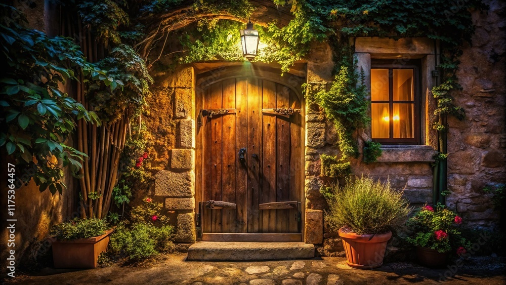 Fototapeta premium Old Weathered Wooden Door at Night - Rustic House Entrance Stock Photo