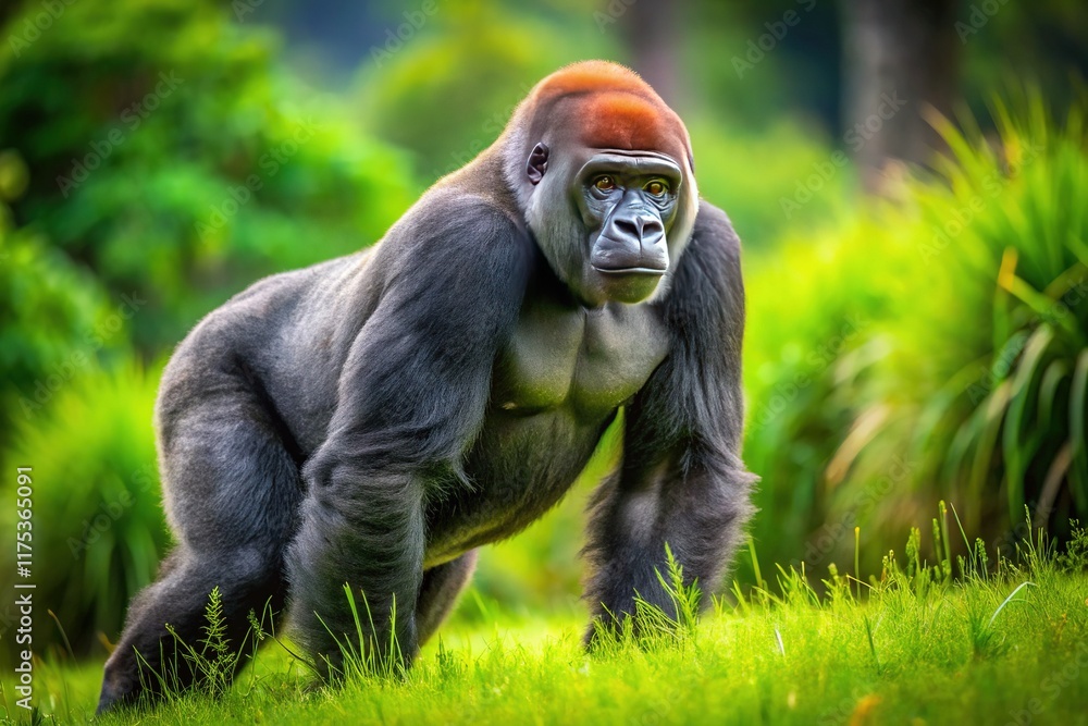 Powerful Gorilla Walking in Grassland, Full Side View, High Depth of Field Powerful Gorilla Walking in Grassland, Full Side View, High Depth of Field