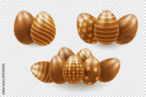 Chocolate Easter eggs, concept, realistic 3d . Vector illustration on transparent background