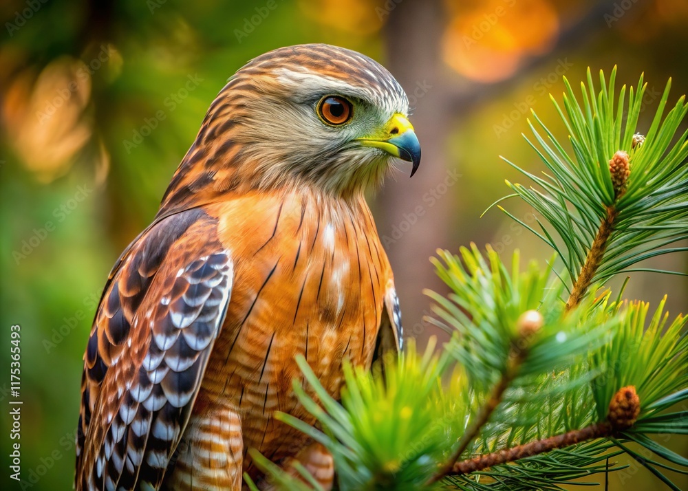 Red-Shouldered Hawk Perched on Pine Branch, Hunting Prey - Macro Photography Red-Shouldered Hawk Perched on Pine Branch, Hunting Prey - Macro Photography