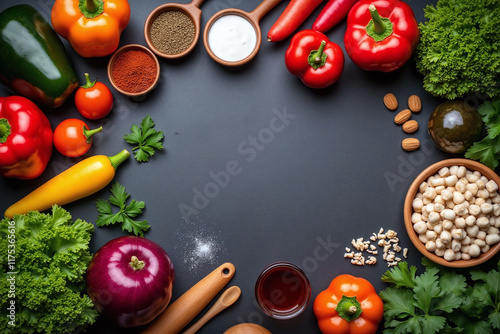 kitchen setup fresh ingredients cooking essentials grey background photo