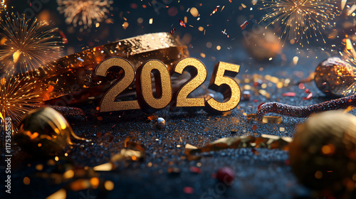 Vibrant '2025' celebration with bold glowing text surrounded by colorful fireworks and festive sparkles